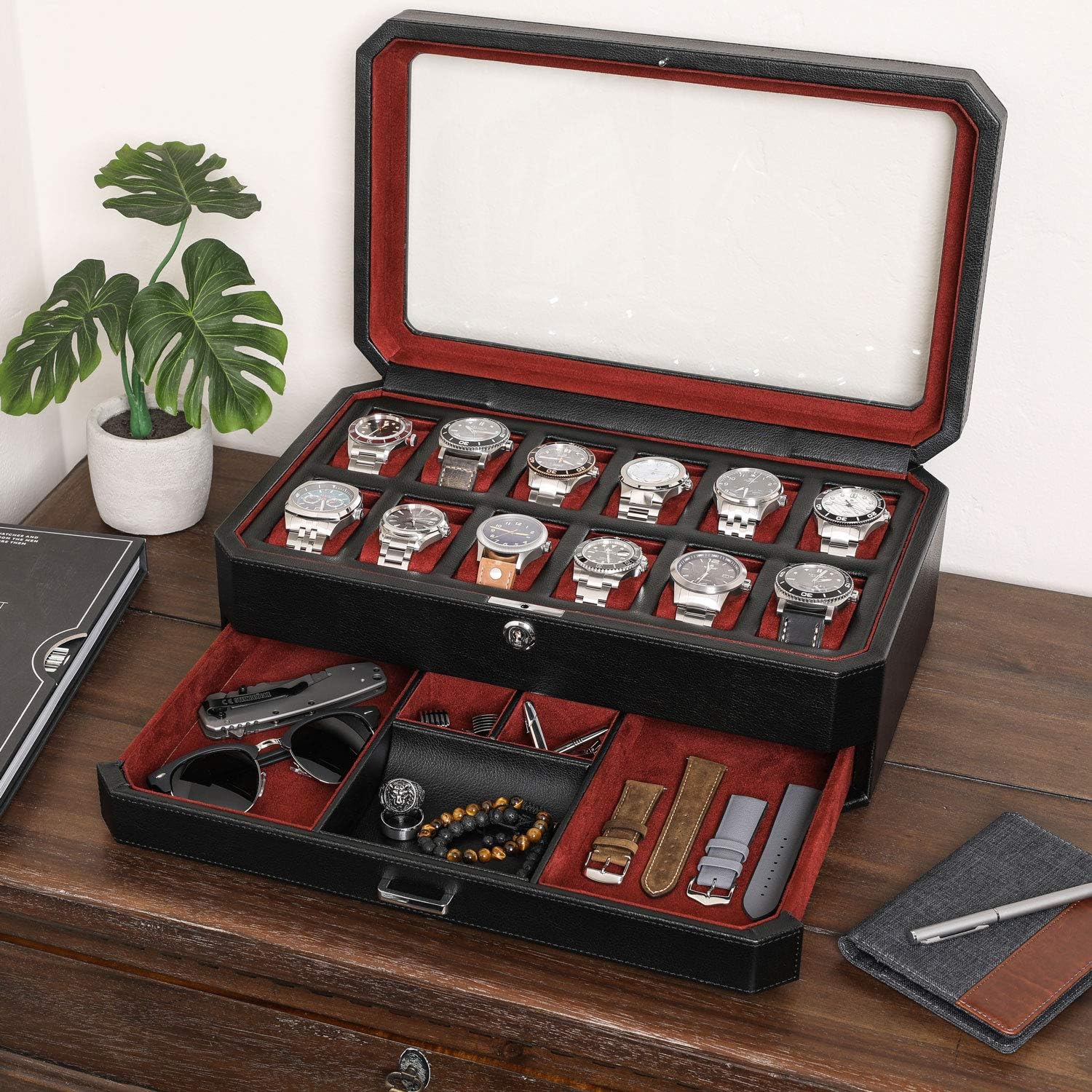 12 Slot Leather Watch Box with - đánh giá và giá Men Accessories Drawer