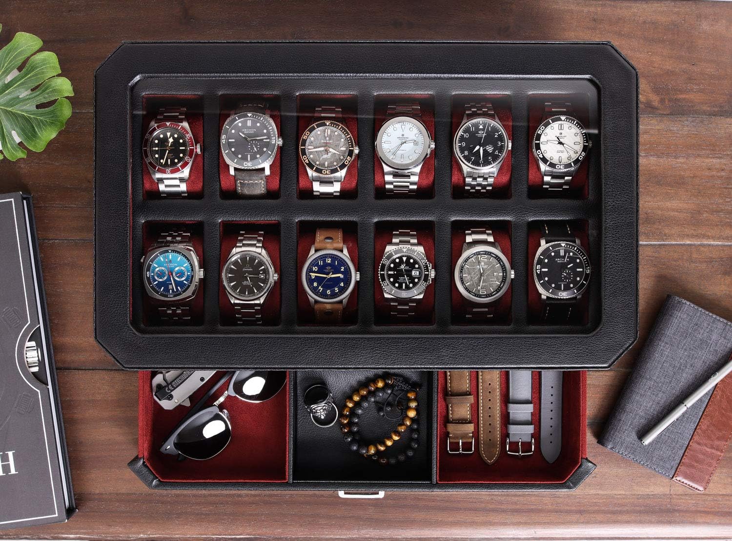 12 Slot Leather Watch Box with - đánh giá và giá Men Accessories Drawer
